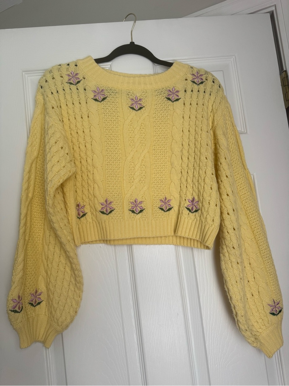 Yellow Floral Knit Cropped Sweater